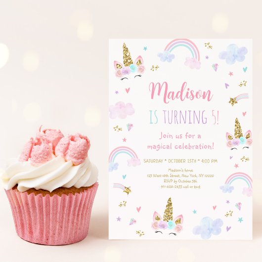ユニコーンレインボークラウドピンク金ゴールド誕生日 招待状
