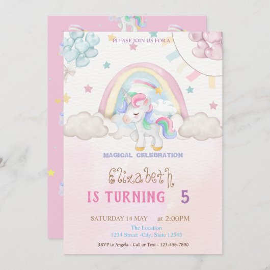 ユニコーンレインボースターズハートバルーン誕生日 招待状 (正面/裏面)