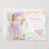 ユニコーンレインボースパークル金ゴールド誕生日写真 招待状 (正面)
