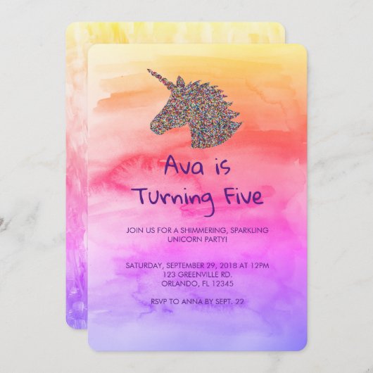 ユニコーンレインボースプリンクル誕生日招待状 招待状 (正面/裏面)