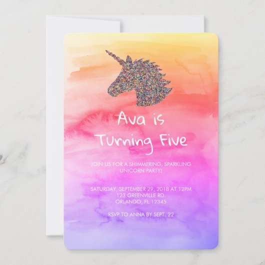 ユニコーンレインボースプリンクル誕生日招待状 招待状 (正面)
