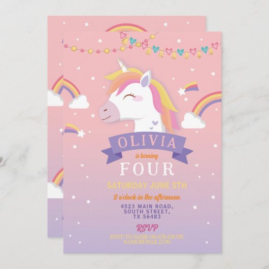 ユニコーンレインボーズバースデーパーティーピンクスターズ 招待状 (正面/裏面)