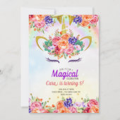 ユニコーンレインボートロピカル誕生日 招待状 (正面)