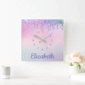 ユニコーンレインボーパーソナライズされたグリッター スクエア壁時計 (ホーム)