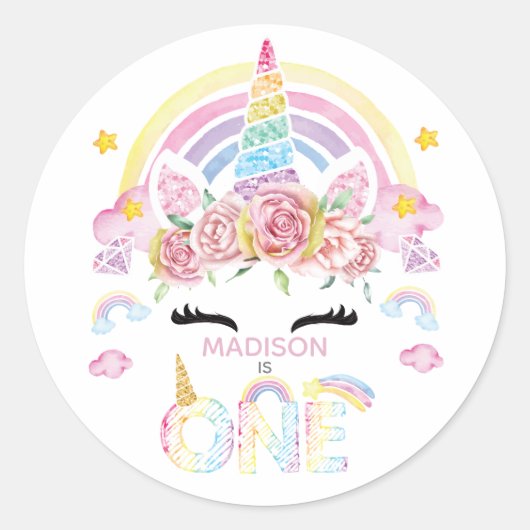 ユニコーンレインボーパーソナライズされたファースト誕生日 ラウンドシール (正面)