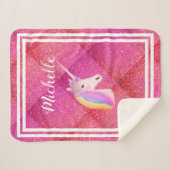 ユニコーンレインボーピンクパーソナライズされたグリッターキッズ シェルパブランケット (正面(横))