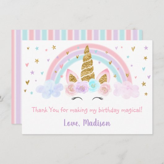 ユニコーンレインボーピンク金ゴールドありがとう サンキューカード (正面/裏面)