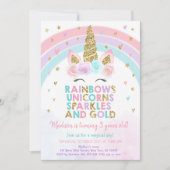ユニコーンレインボーピンク金ゴールドスパーク誕生日 招待状 (正面)
