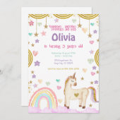 ユニコーンレインボーピンク金ゴールドスパーク誕生日 招待状 (正面/裏面)