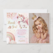 ユニコーンレインボーピンク金ゴールドパステル誕生日写真 サンキューカード (正面)