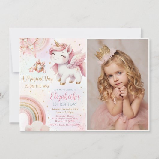 ユニコーンレインボーピンク金ゴールドパステル誕生日写真 招待状 (正面)