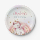 ユニコーンレインボーピンク金ゴールドパステル誕生日 ペーパープレート (正面)