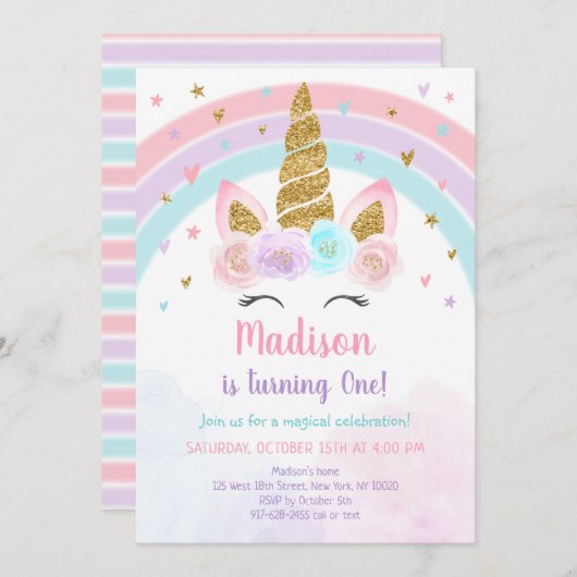 ユニコーンレインボーピンク金ゴールドパステル誕生日 招待状 (正面/裏面)