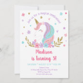 ユニコーンレインボーピンク金ゴールドフローラリース誕生日I 招待状 (正面)