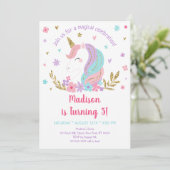 ユニコーンレインボーピンク金ゴールドフローラリース誕生日I 招待状 (スタンド正面)