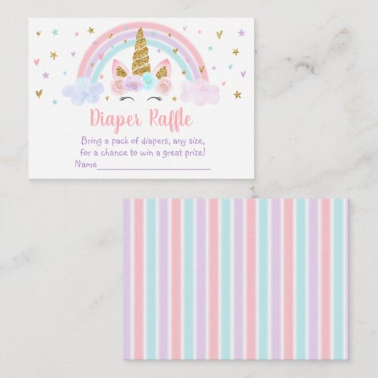 ユニコーンレインボーピンク金ゴールドベビーおむつラッフル エンクロージャーカード (正面/裏面)