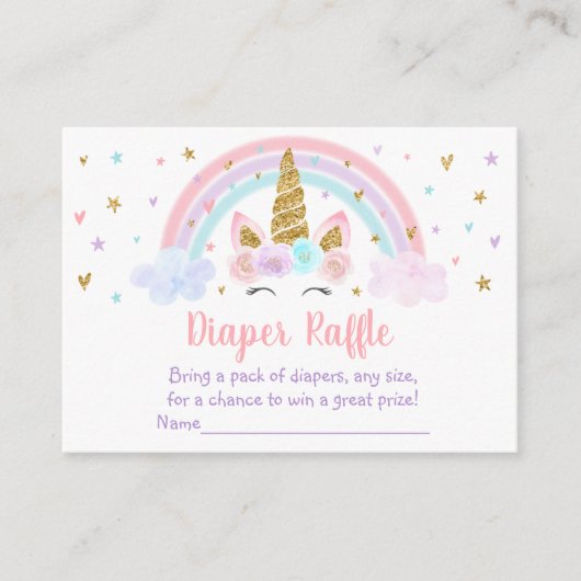ユニコーンレインボーピンク金ゴールドベビーおむつラッフル エンクロージャーカード (正面)