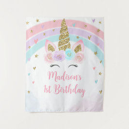 ユニコーンレインボーピンク金ゴールド誕生日背景 タペストリー