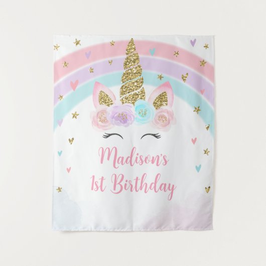 ユニコーンレインボーピンク金ゴールド誕生日背景 タペストリー (正面)