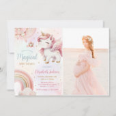ユニコーンレインボーピンク金ゴールド赤ちゃんシャワー写真 招待状 (正面)