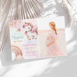 ユニコーンレインボーピンク金ゴールド赤ちゃんシャワー写真 招待状