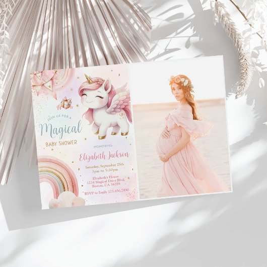 ユニコーンレインボーピンク金ゴールド赤ちゃんシャワー写真 招待状