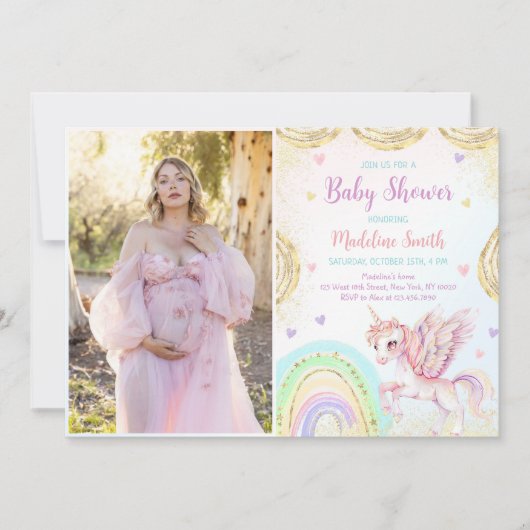 ユニコーンレインボーピンク金ゴールド赤ちゃんシャワー写真 招待状 (正面)