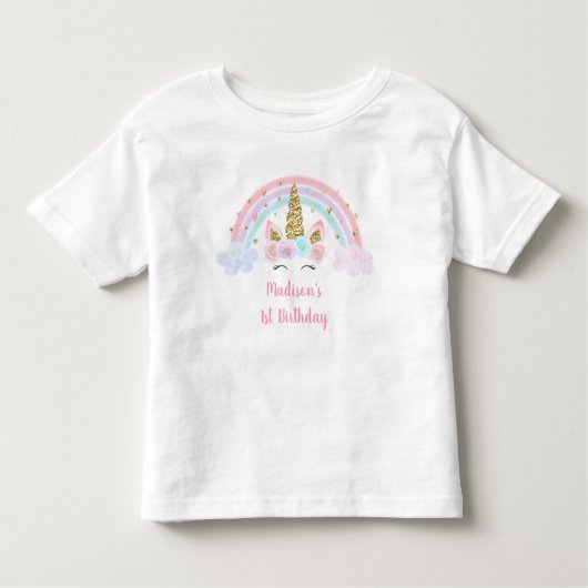 ユニコーンレインボーピンク金ゴールド1st Birthday トドラーTシャツ (正面)