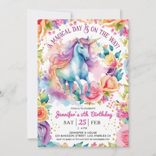 ユニコーンレインボーフローラ開花 | 5番目の誕生日 招待状 (正面)