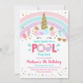 ユニコーンレインボープールパーティー誕生日 招待状 (正面)