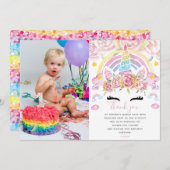 ユニコーンレインボーマジカルグリッター誕生日写真 サンキューカード (正面/裏面)