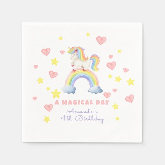 ユニコーンレインボーマジカルデイ誕生日 スタンダードカクテルナプキン (正面)
