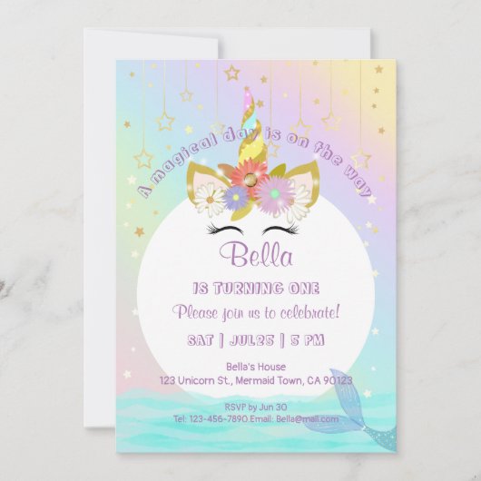 ユニコーンレインボーマーメイドファースト誕生日招待状 招待状 (正面)