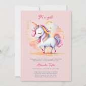 ユニコーンレインボー金ゴールドグリッタークラウドガールベビーシュウェ 招待状 (正面)