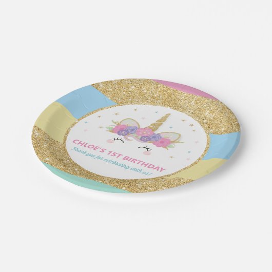 ユニコーンレインボー金ゴールドグリッター誕生日パーティー紙 ペーパープレート (アングル)