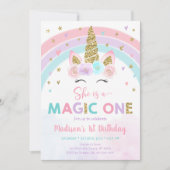 ユニコーンレインボー魔法ワンファースト誕生日 招待状 (正面)