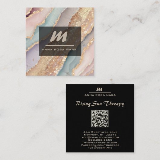 *~*ユニコーンレインボーQRパステルルクースイニシャルAP66 スクエア名刺 (正面/裏面)