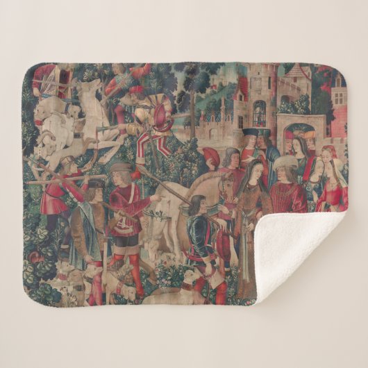 ユニコーン中世アート – ハンターが城に戻る シェルパブランケット (正面(横))