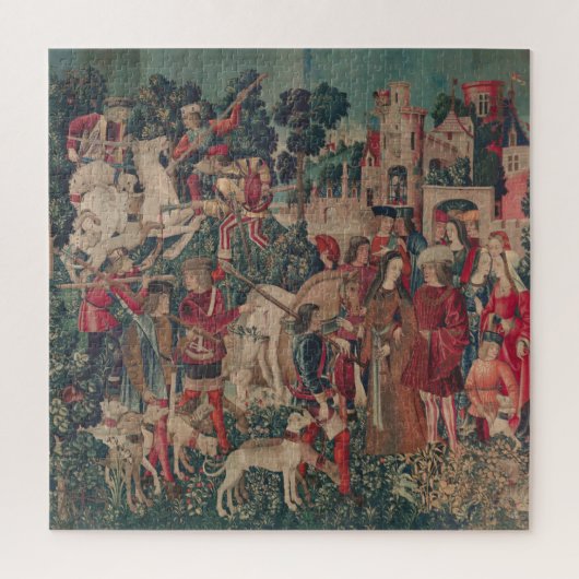 ユニコーン中世アート – ハンターが城に戻る ジグソーパズル (縦)