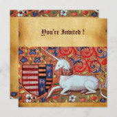 ユニコーン中世ファンタジー花、フローラ羊皮紙 招待状 (正面/裏面)