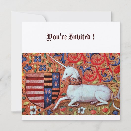 ユニコーン中世ファンタジー花、赤い白いフローラ 招待状 (正面)