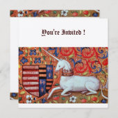 ユニコーン中世ファンタジー花、赤い白いフローラ 招待状 (正面/裏面)