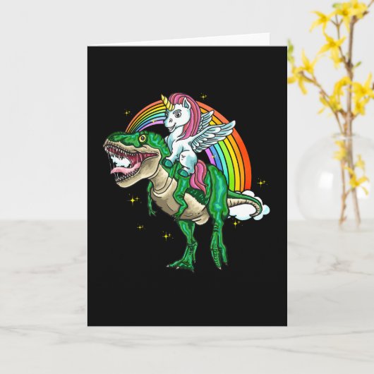 ユニコーン乗りTレックスキッズメンズおもしろいギフト カード (黄色い花)
