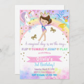 ユニコーン体操ブルネット女の子の誕生日。 招待状 (正面/裏面)