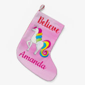 ユニコーン信じクキュートピンク名前をカスタムする スモールクリスマスストッキング (正面 (吊り時))