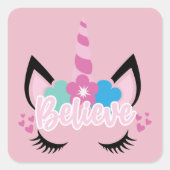 ユニコーン信じスの可愛いピンク魔法フローラ スクエアシール (正面)