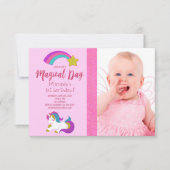 ユニコーン写真ピンクの女の子の誕生日パーティー 招待状 (正面)