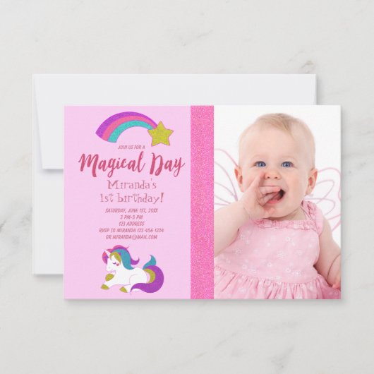 ユニコーン写真ピンクの女の子の誕生日パーティー 招待状 (正面)