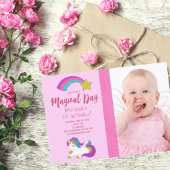 ユニコーン写真ピンクの女の子の誕生日パーティー 招待状