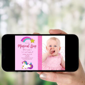 ユニコーン写真ピンクの女の子の誕生日パーティー 招待状